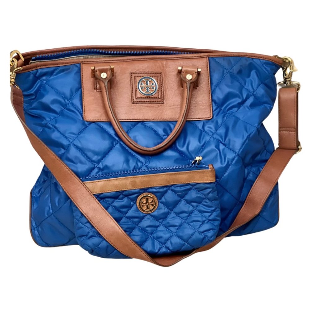 Tory Burch Large Blue +Tan Quilted Tote & Makeup Bag Set
